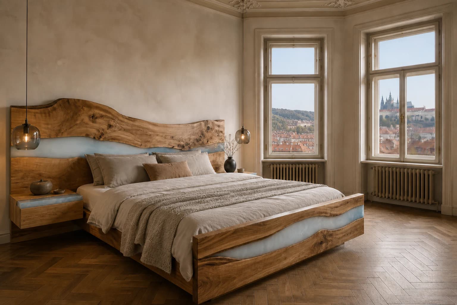 Designový koncept postele z masivního dřeva a modrého epoxidu